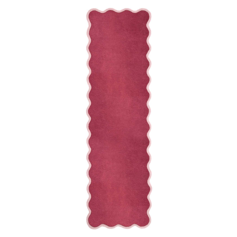 Scalloped Elise Coral Runner - 100% wool runner in dark pink with a lighter pink scalloped border. 