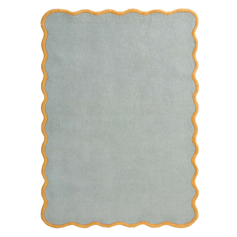 Scalloped Elise Duck Egg Ochre Rug - a 100% wool blue rug featuring a scalloped yellow border. 