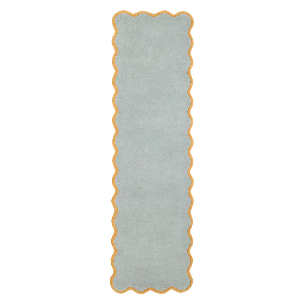 Scalloped Elise Duck Egg Rug Runner- 100% wool runner in duck egg featuring a wavy border.