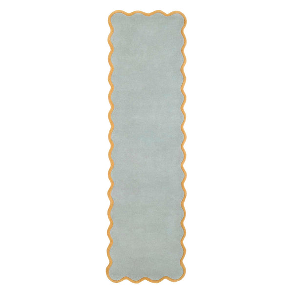 Scalloped Elise Duck Egg Rug Runner- 100% wool runner in duck egg featuring a wavy border.