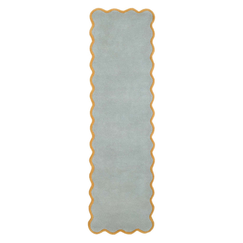 Scalloped Elise Duck Egg Ochre Runner - a 100% wool blue runner featuring a scalloped yellow border. 