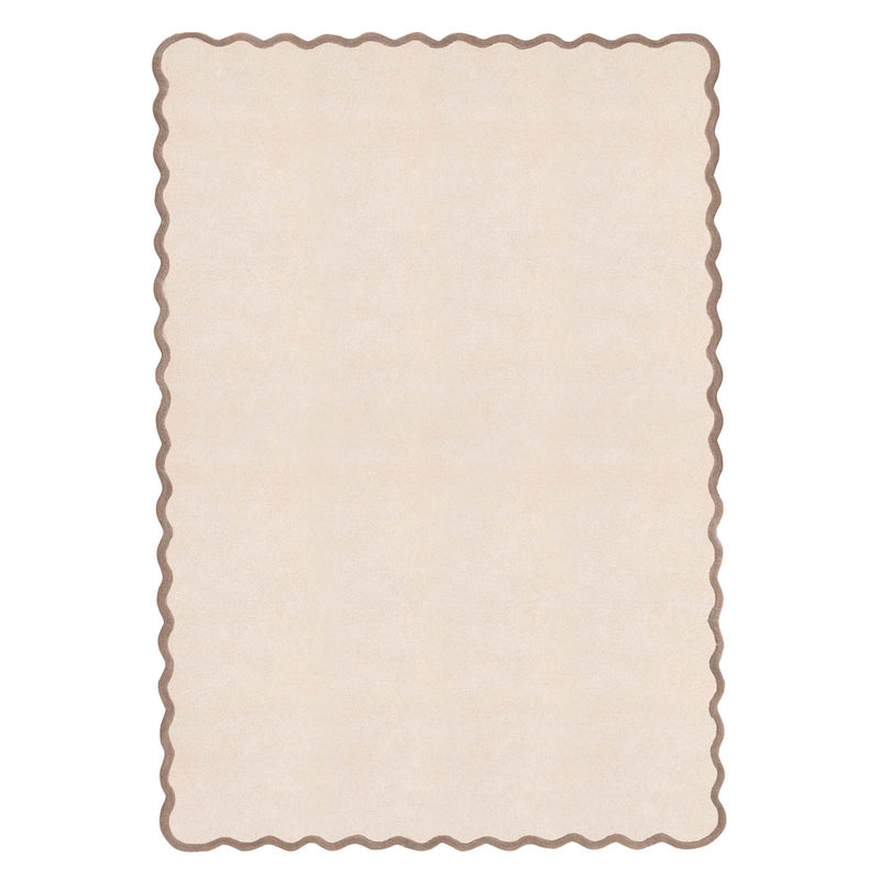Scalloped Elsie Rug Natural/Brown- 100% wool rug with a natural brown wavy border.