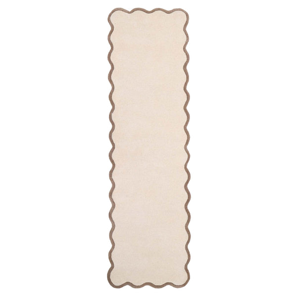 Scalloped Elise Natural/ Brown Runner Rug- 100% wool runner featuring a brown wavy border.