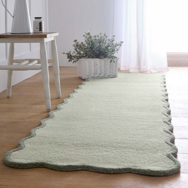 Scalloped Elsie Sage\Seagrass Runner Rug- 100% wool runner featuring a wavy border.