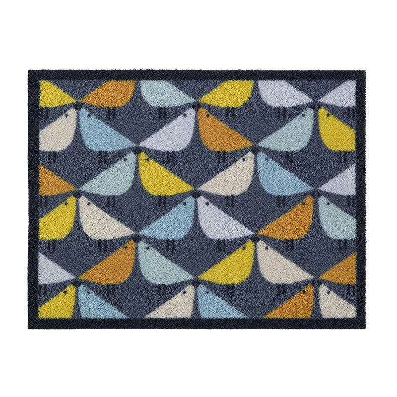 Lintu Blue Outdoor Doormat. Made from ECONYL rengerated yarn featuring lintu birds.