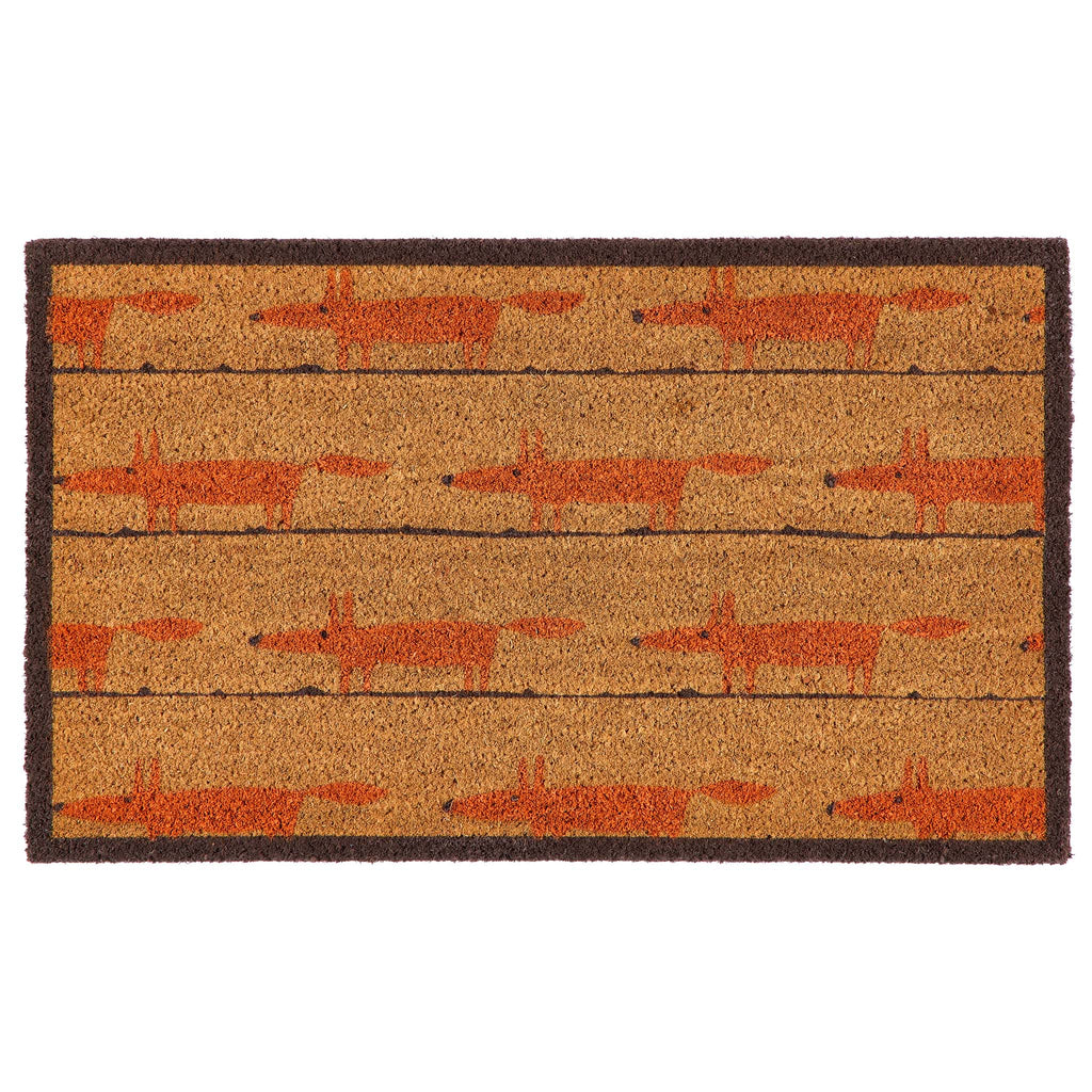 A rectangular coir doormat with a dark brown border and a repeating pattern of stylized orange foxes on a natural background, shown flat against a white background.