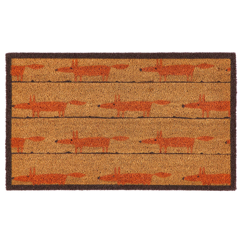 A rectangular coir doormat with a dark brown border and a repeating pattern of stylized orange foxes on a natural background, shown flat against a white background.