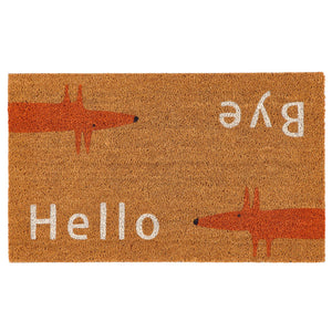 A rectangular coir doormat with a natural background, featuring two orange fox silhouettes and the words 'Hello' and 'Bye' in white.