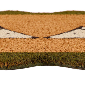 A close-up of a textured doormat with a tan and brown animal face design, featuring green borders at the top and bottom, set against a plain white background.