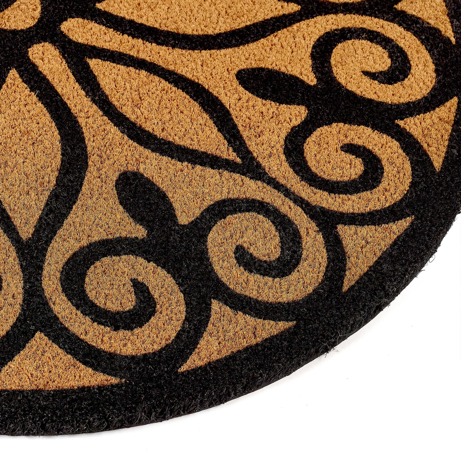 Scroll Coir Doormat made from natural coconut fibres, featuring a black swirl design.