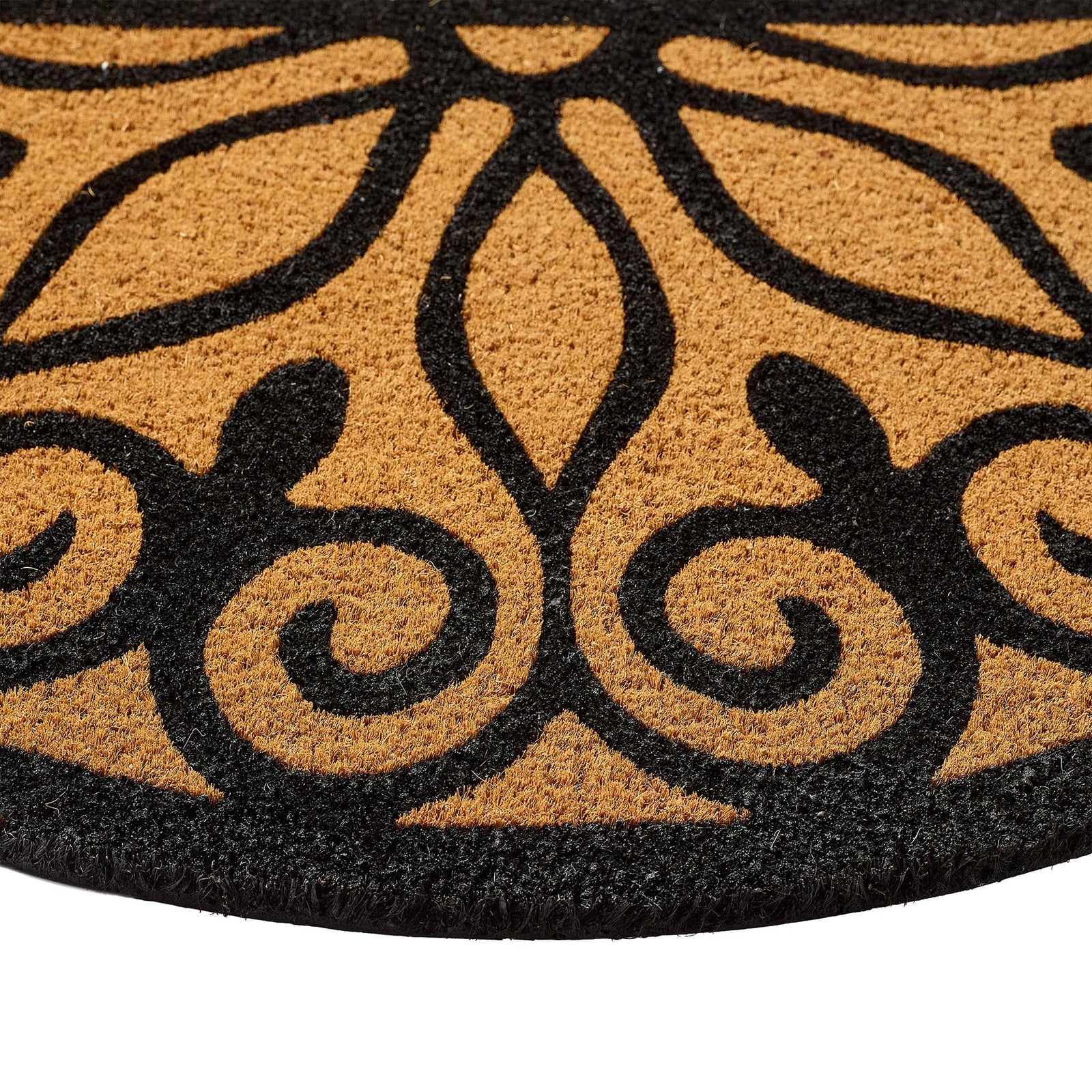 Scroll Coir Doormat made from natural coconut fibres, featuring a black swirl design.