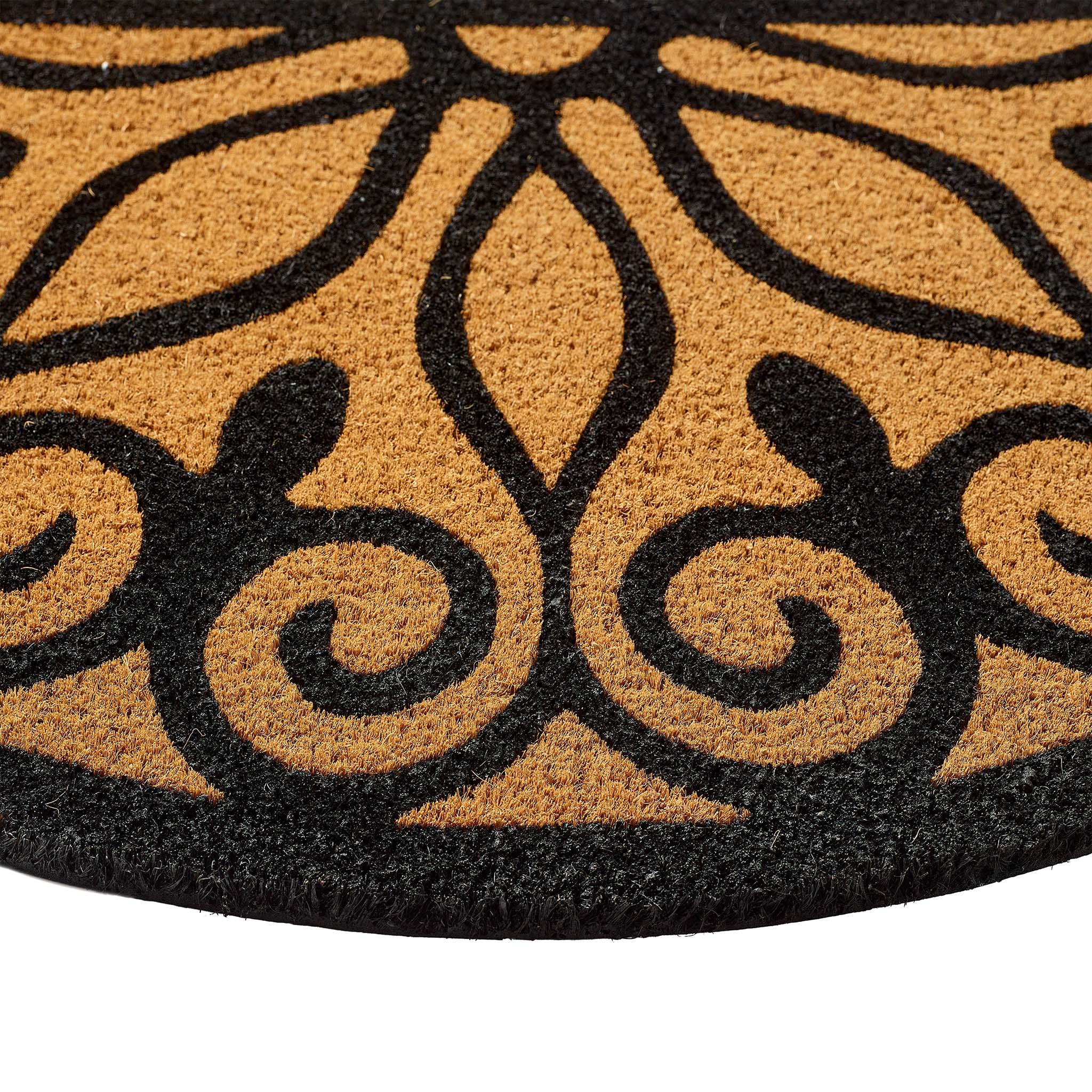 Scroll Coir Doormat made from natural coconut fibres, featuring a black swirl design.
