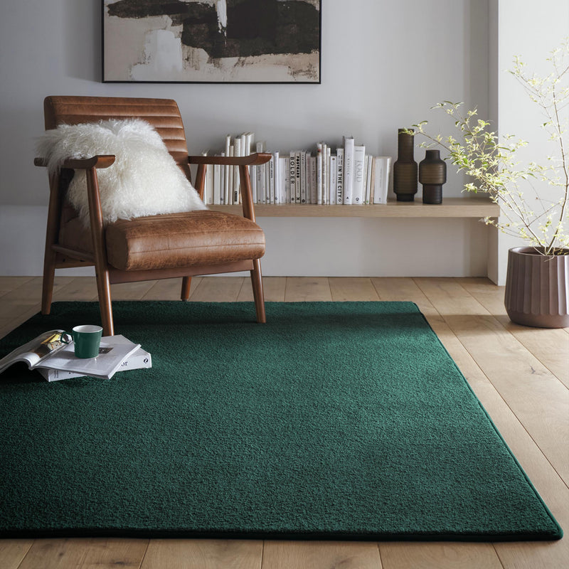 Sense Forest Green Rug made from 100% recycled content, fully machine washable.