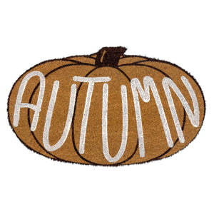 Shaped Autumn Pumpkin Coir Doormat with "Autumn" written in white lettering.