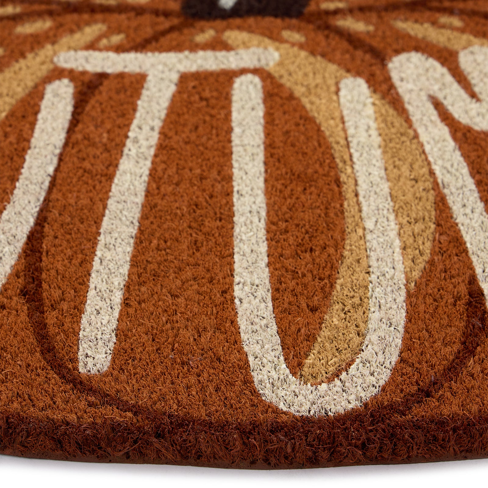 Shaped Autumn Pumpkin Coir Doormat made from natural coconut husk fibres, featuring graphic font.