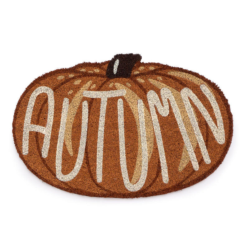 Shaped Autumn Pumpkin Coir Doormat made from natural coconut husk fibres, featuring graphic font.