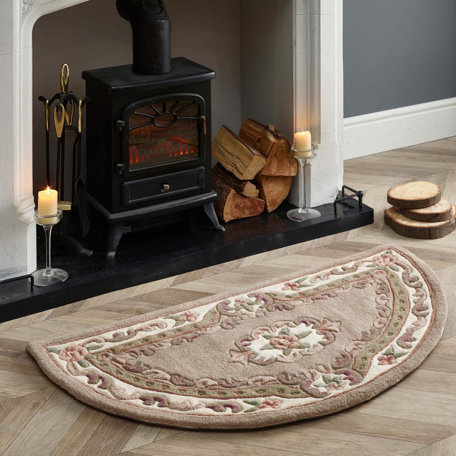 Shensi Beige Rug - a 100%  wool rug featuring a traditional floral pattern.
