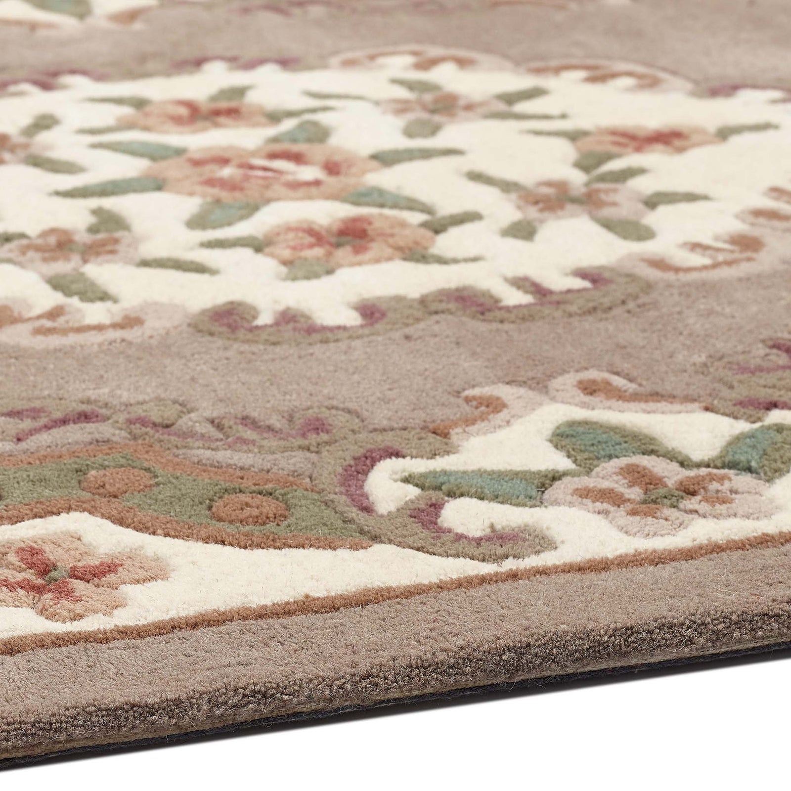 Shensi Beige Rug - a 100% wool rug featuring a traditional floral pattern.