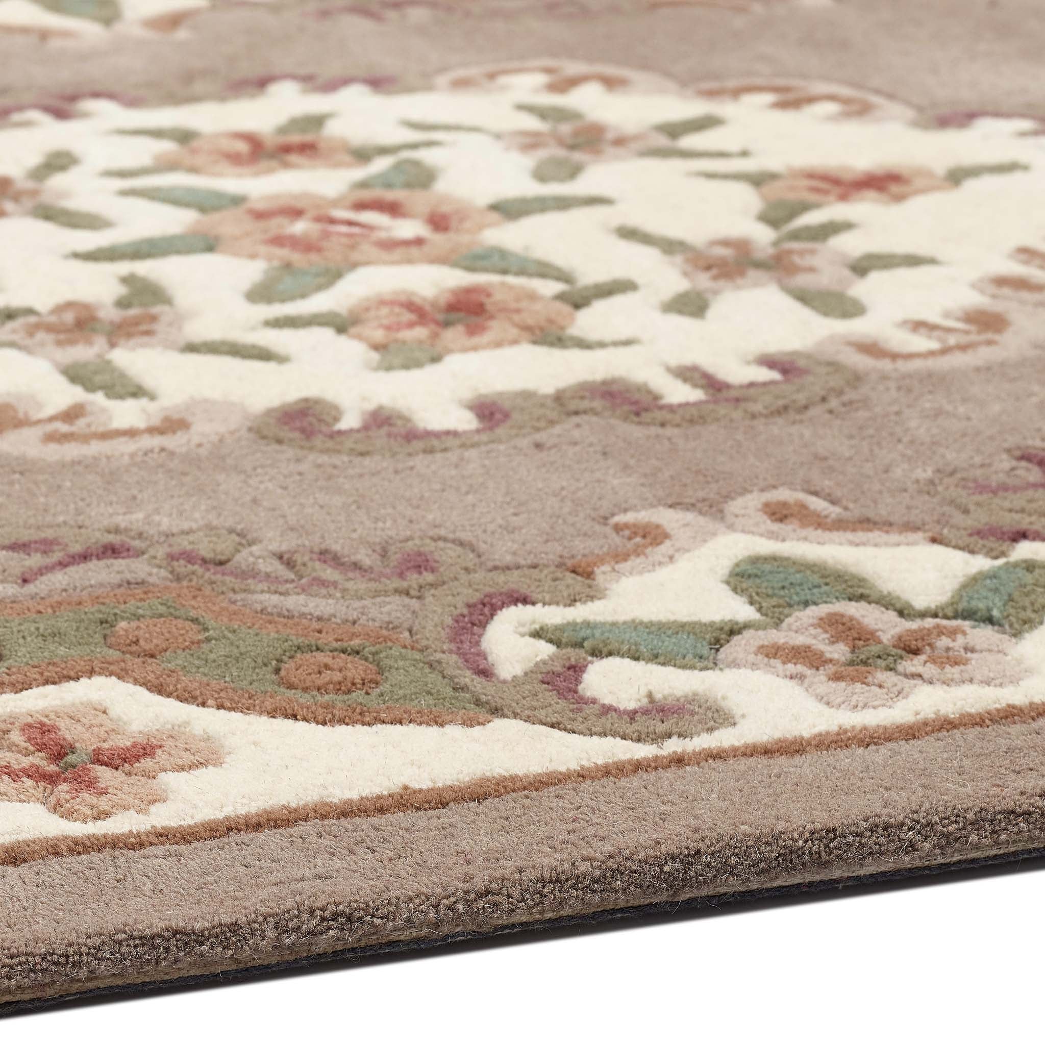 Shensi Beige Rug - a 100% wool rug featuring a traditional floral pattern.