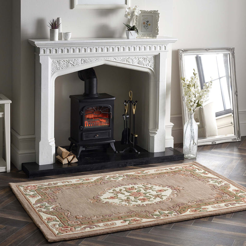 Shensi Beige Rug - a 100% wool rug featuring a traditional floral pattern.