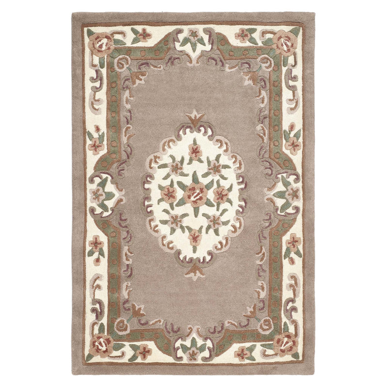 Shensi Beige Rug - a 100% wool rug featuring a traditional floral pattern.
