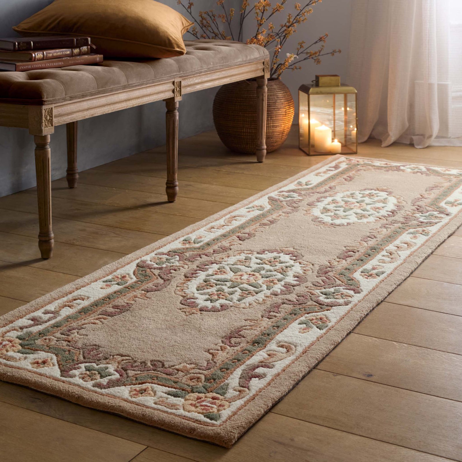 Shensi Beige Runner - a 100% wool runner featuring a traditional floral pattern.