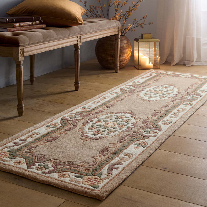 Shensi Beige Runner - a 100% wool runner featuring a traditional floral pattern.