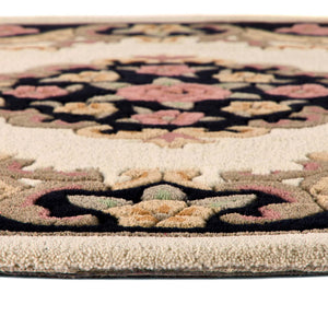 Close-up of Shensi Aubusson Rug Runner in Black with a traditional floral pattern.