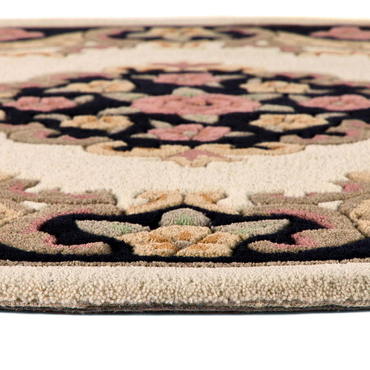 Close-up of Shensi Aubusson Rug Runner in Black with a traditional floral pattern.