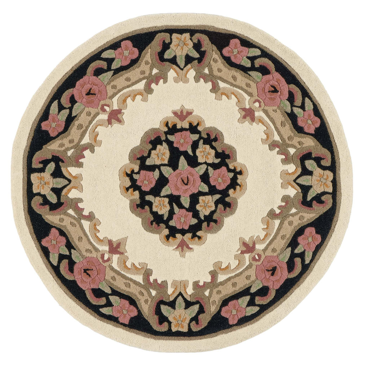 Shensi Black Wool Circle Rug with a tradtional floral pattern.