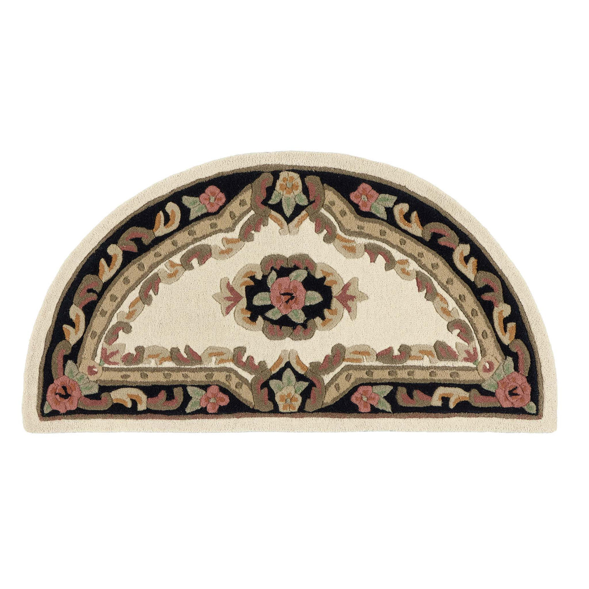 Close-up of Shensi Black Half Moon Rug with a tradtional floral pattern.