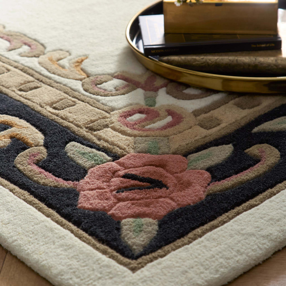 Close-up of Shensi Aubusson Rug Runner in Black with a traditional floral pattern.