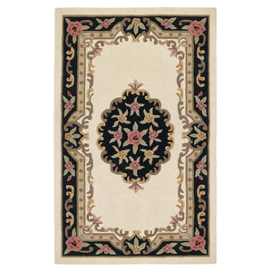 Shensi Black Wool Rug with a tradtional floral pattern.