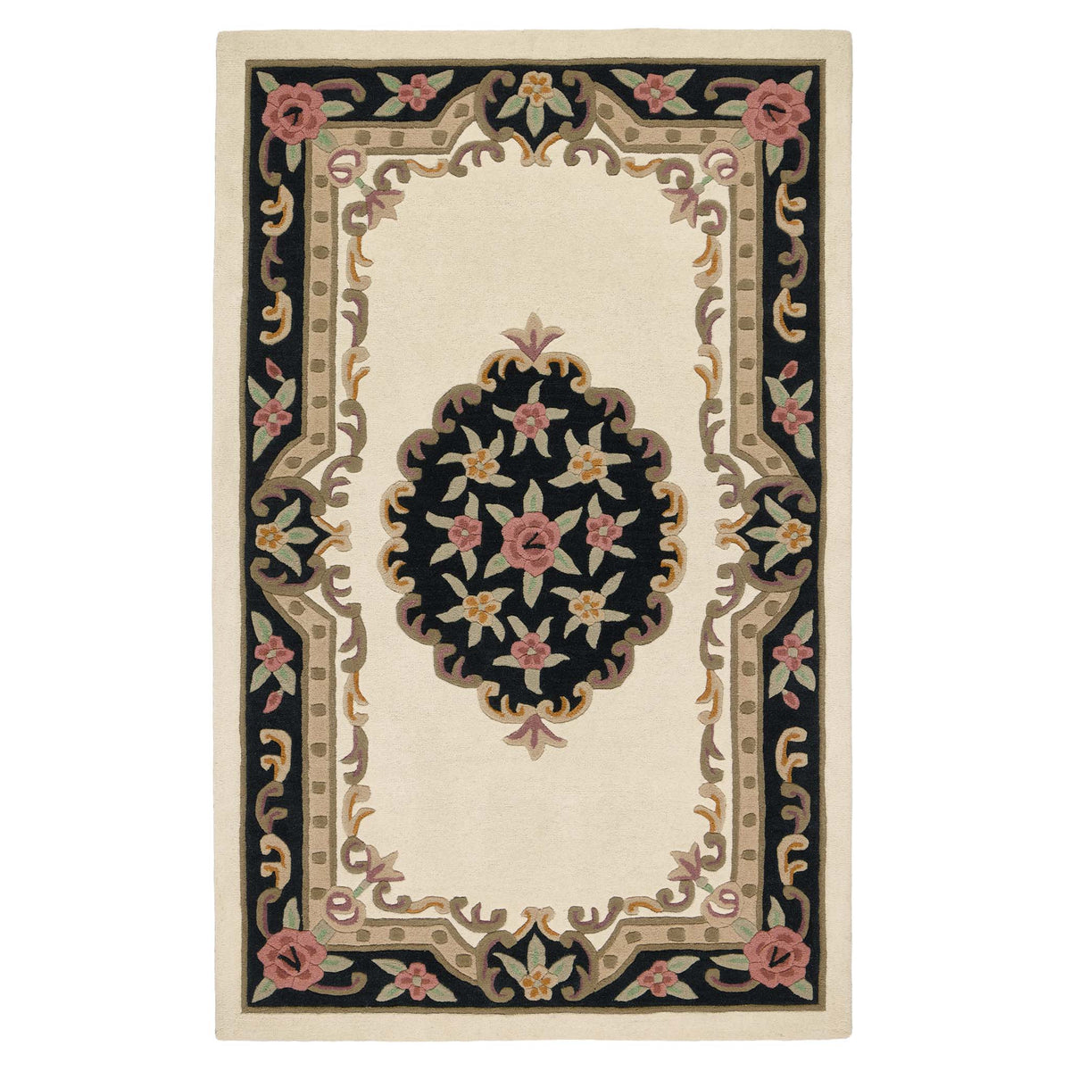 Shensi Black Wool Rug with a tradtional floral pattern.