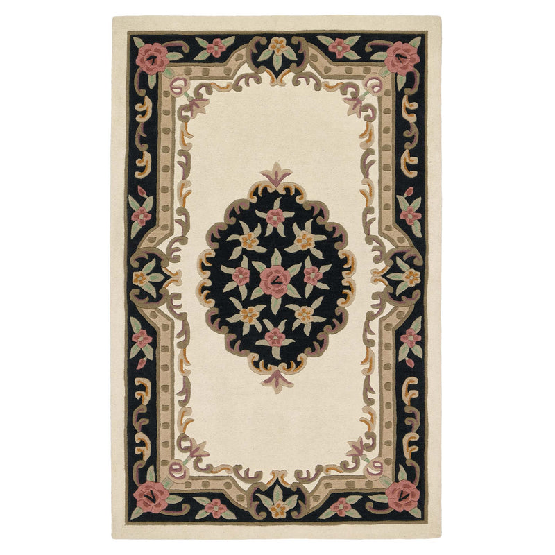 Shensi Black Wool Rug with a tradtional floral pattern.