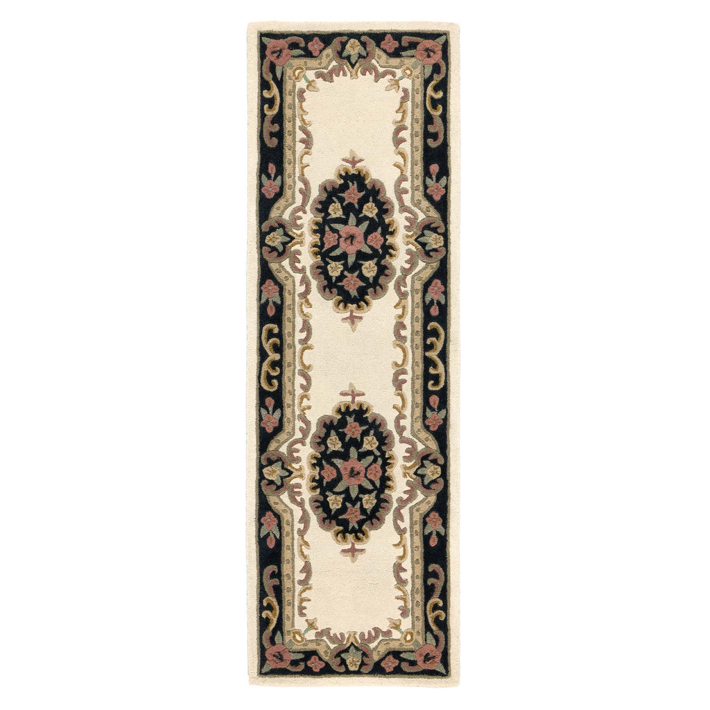 Shensi Aubusson Rug Runner in Black with a traditional floral pattern.