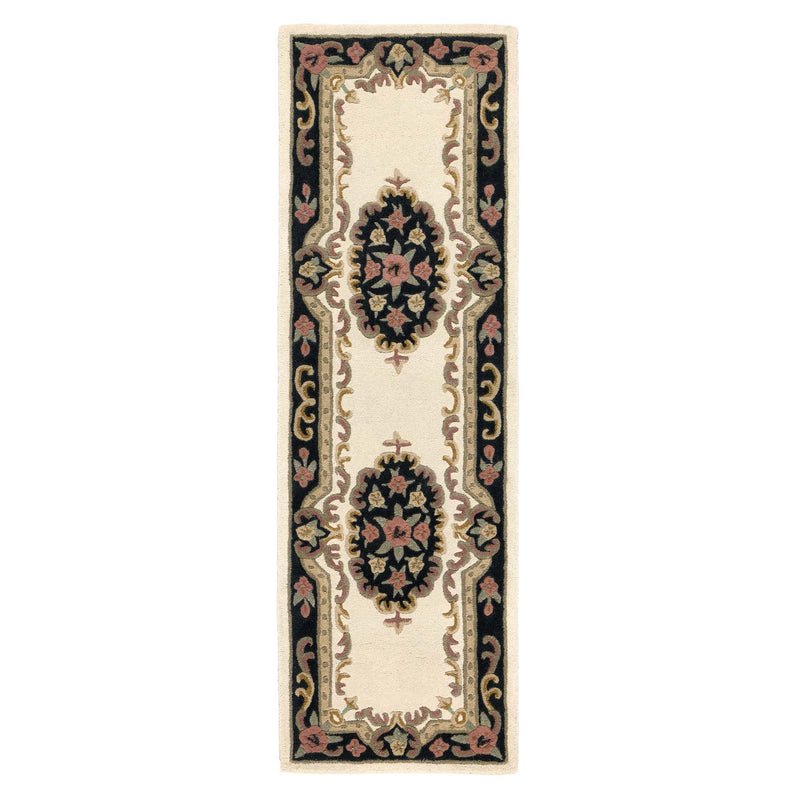 Shensi Aubusson Rug Runner in Black with a traditional floral pattern.