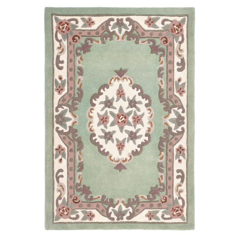 Shensi Green Rug - a 100% wool rug featuring a traditional floral pattern.