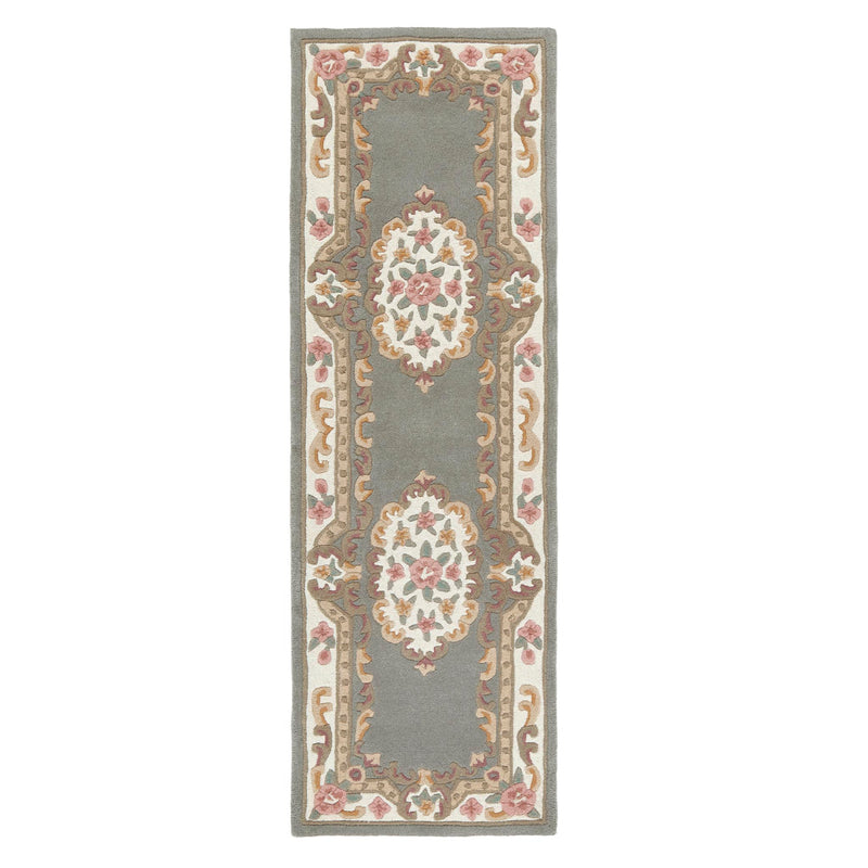 Shensi Grey Wool Runner with a traditional floral design. 