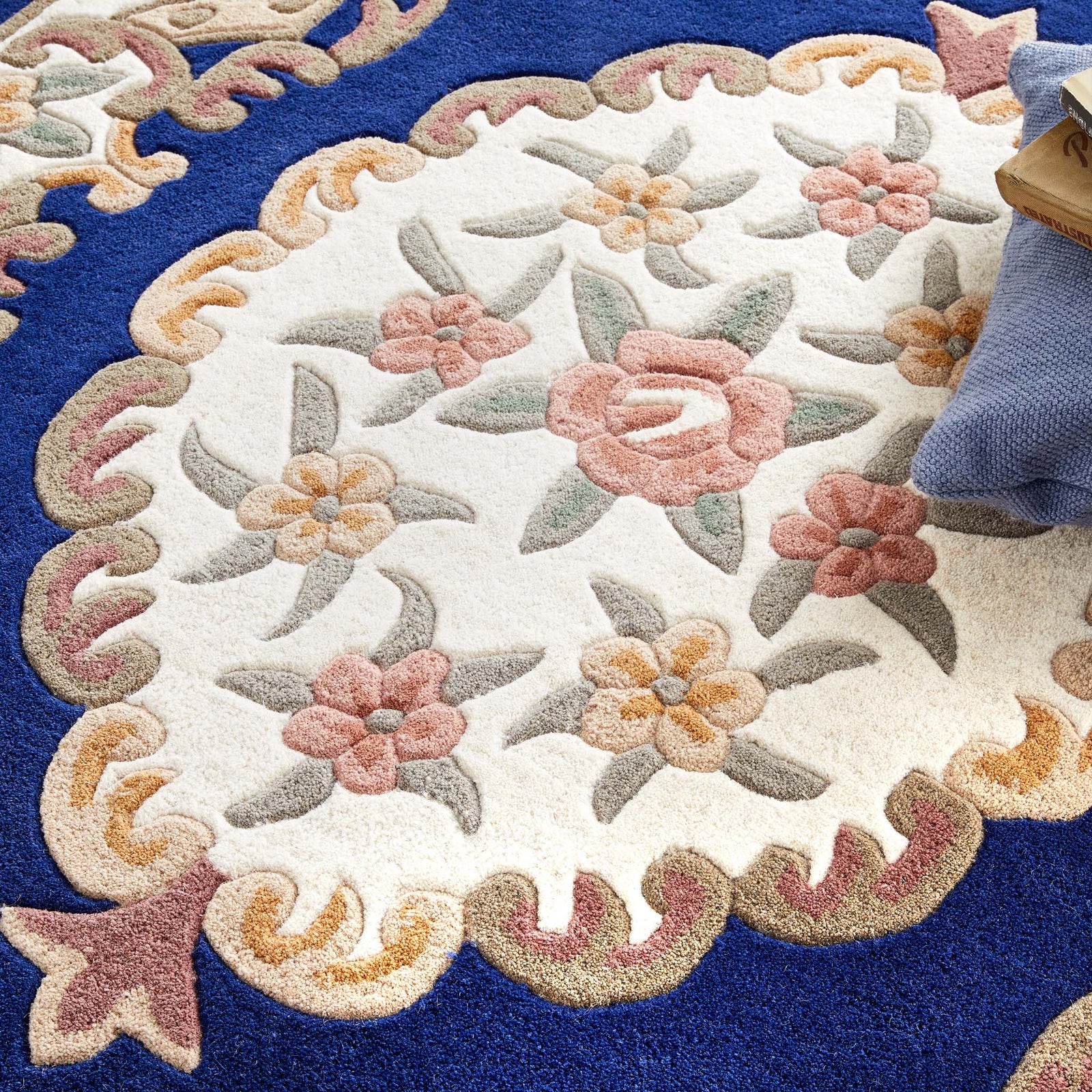 Shensi Navy Blue Wool Rug with a traditional floral pattern.