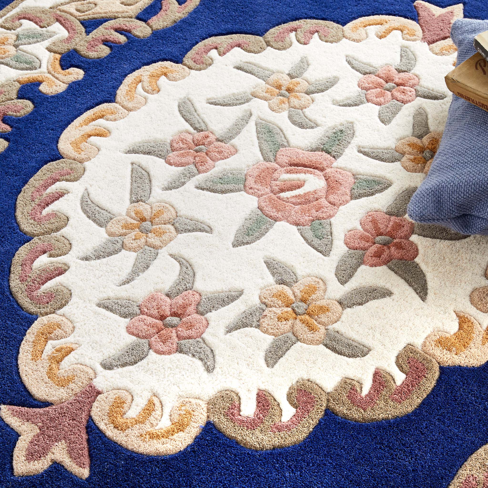 Shensi Navy Blue Wool Rug with a traditional floral pattern.