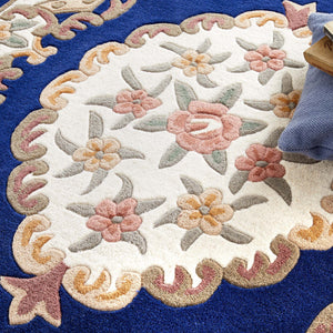 Shensi Navy Blue Wool Rug with a traditional floral pattern.