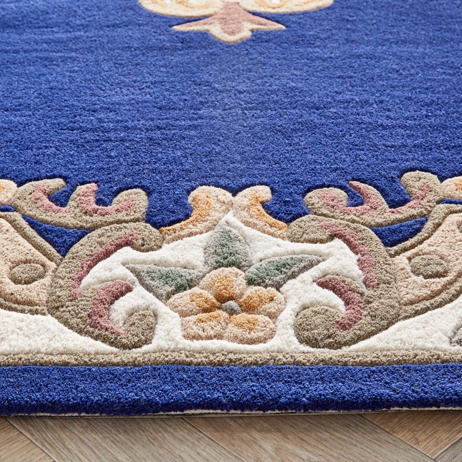 Shensi Navy Blue Wool Rug with a traditional floral pattern.