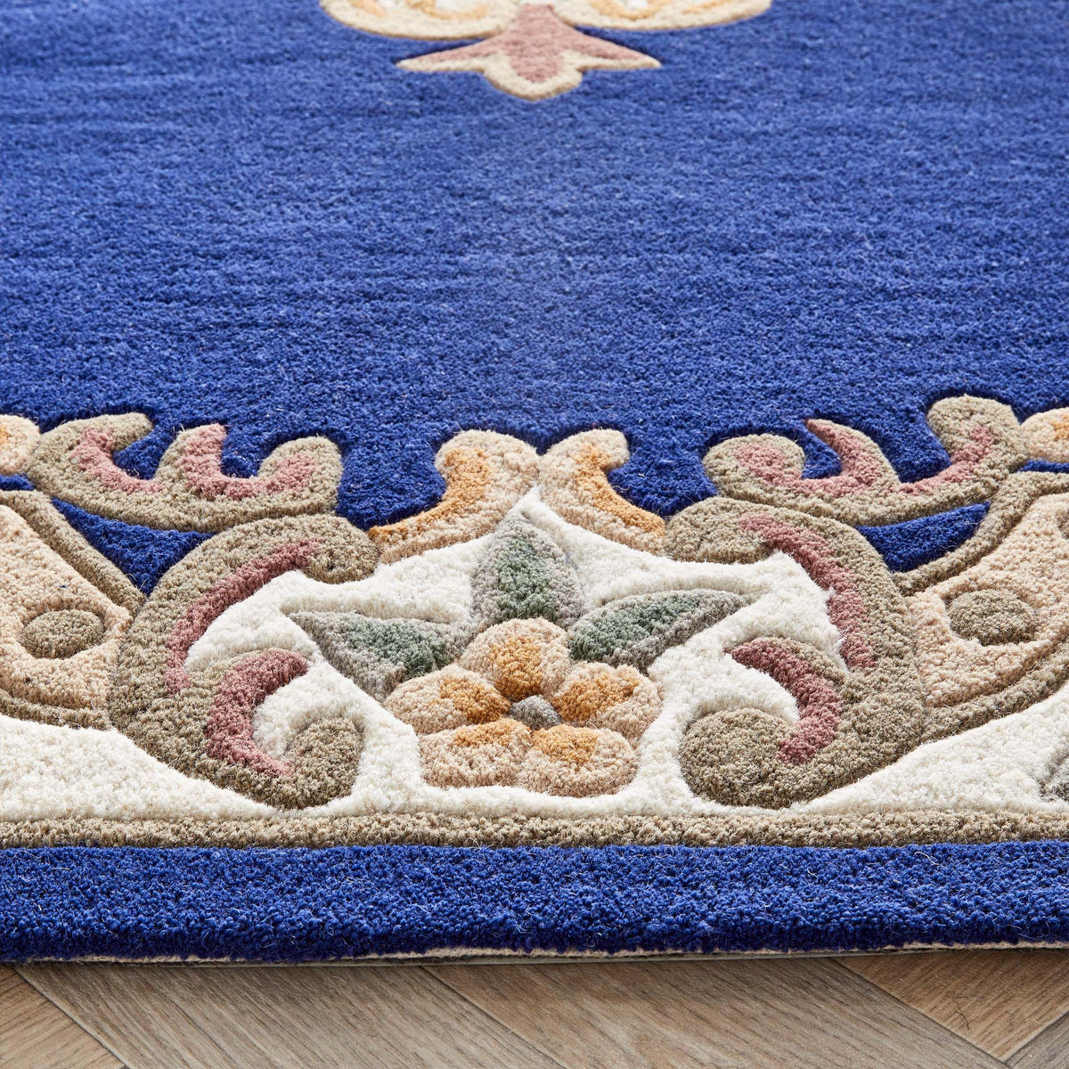 Shensi Navy Blue Wool Rug with a traditional floral pattern.