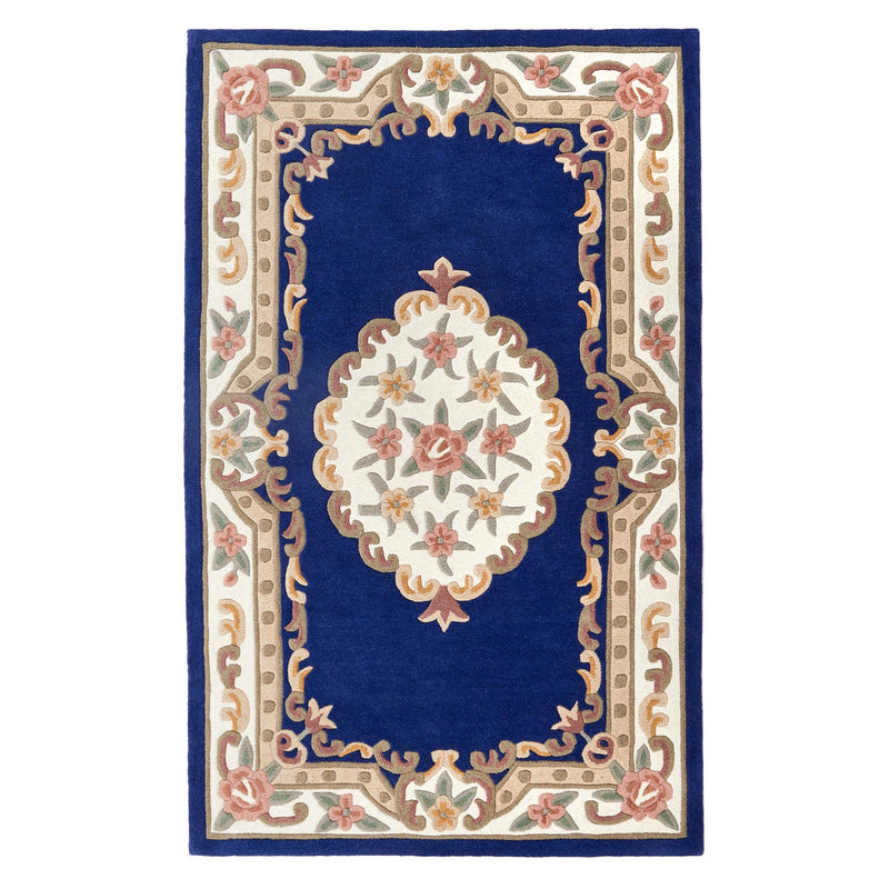 Shensi Navy Blue Wool Rug with a traditional floral pattern.