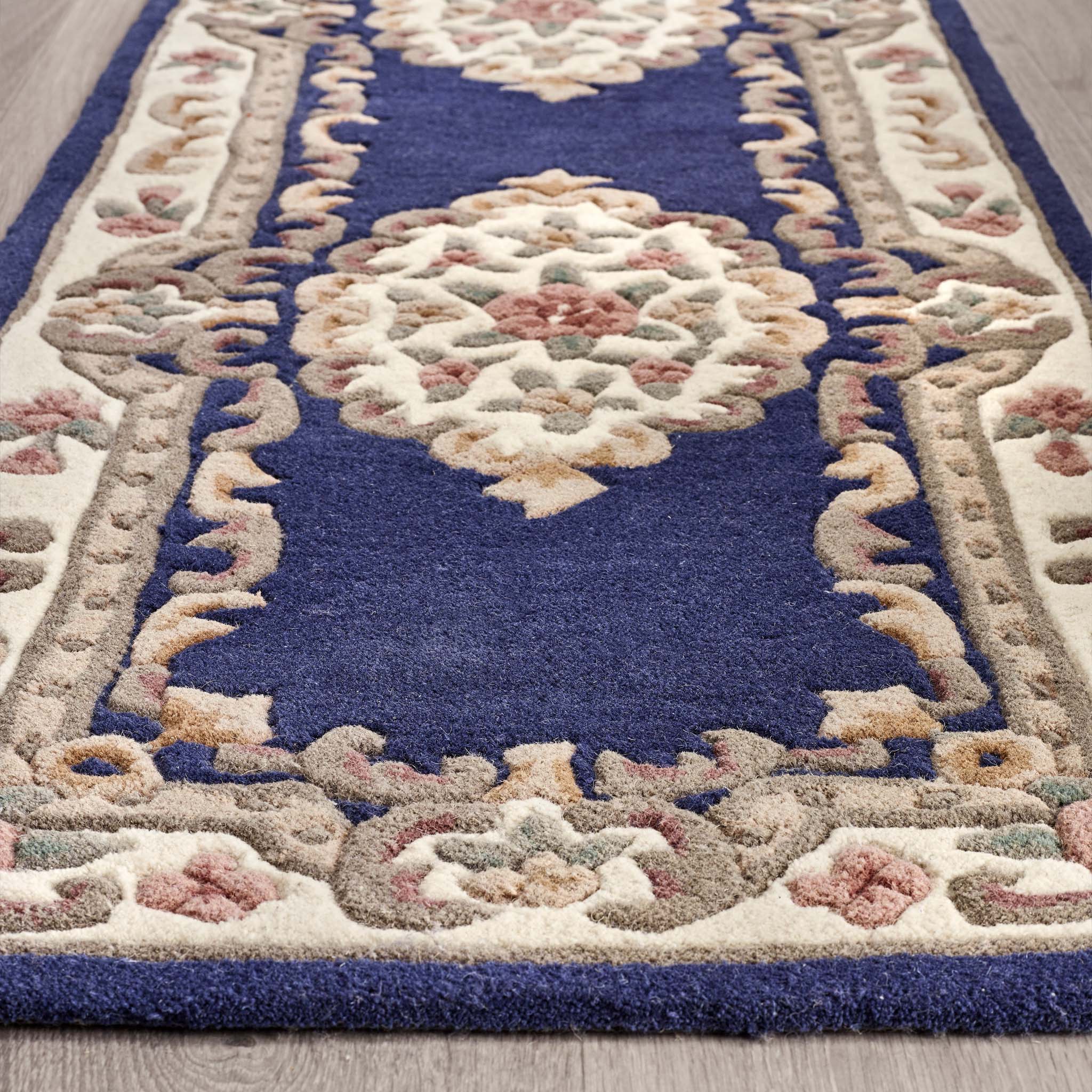 Shensi Navy Blue Wool Runner with a traditional floral pattern.