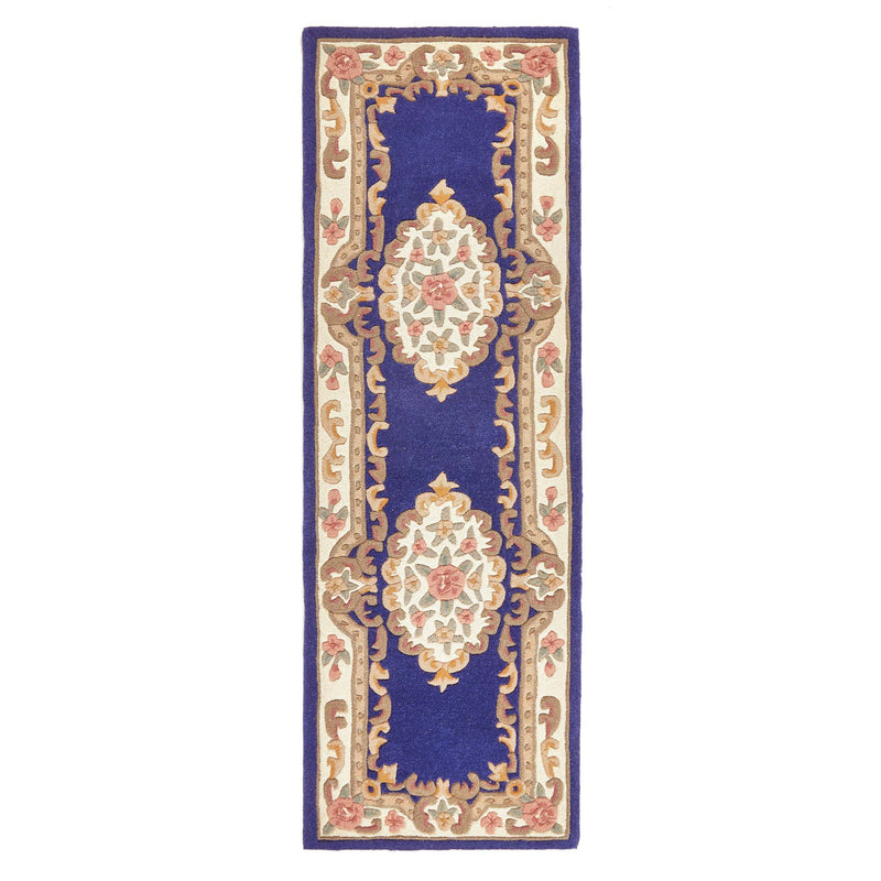 Shensi Navy Blue Wool Runner with a traditional floral pattern.