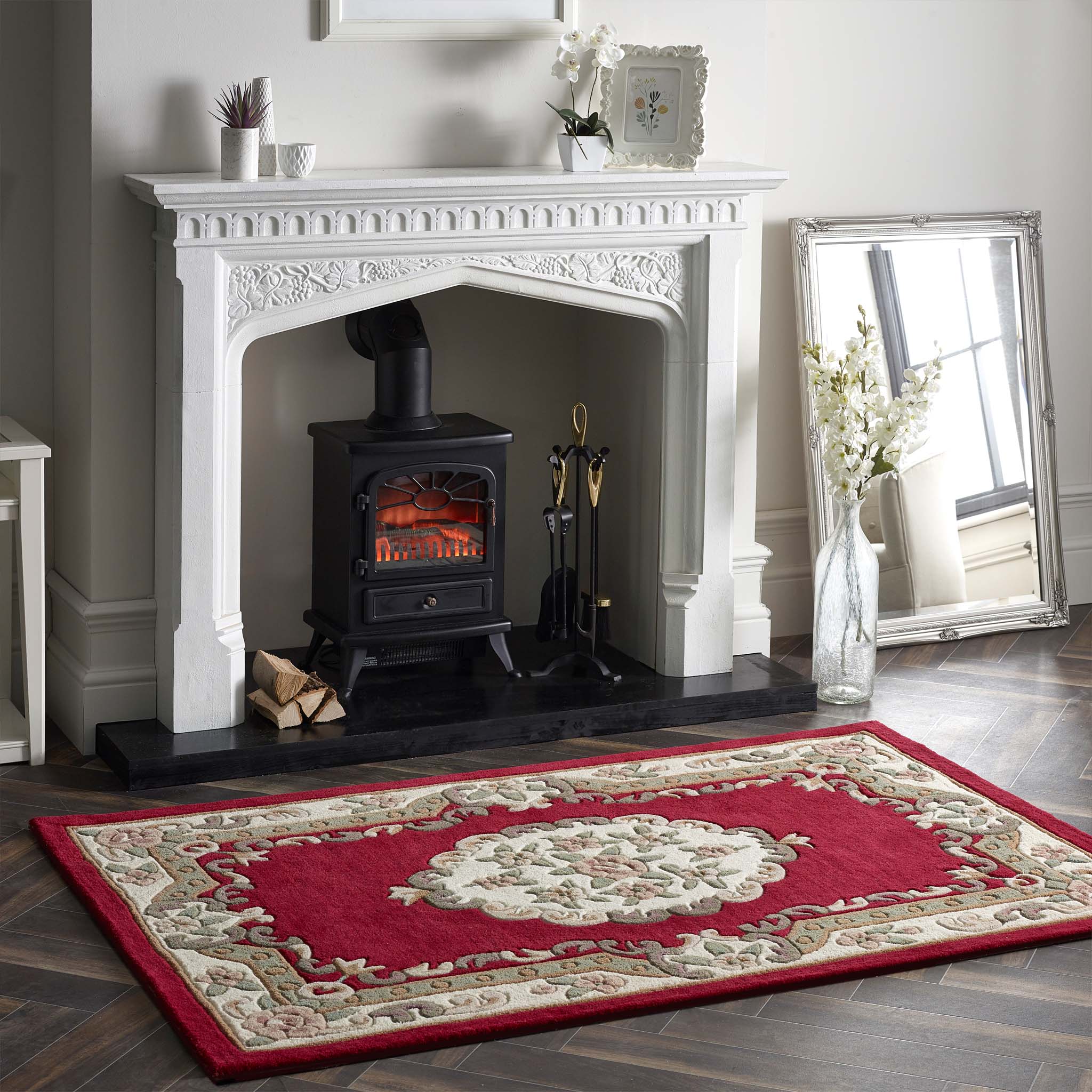 Shensi Wine Red Wool Rug with a traditional floral pattern, styled in living room.