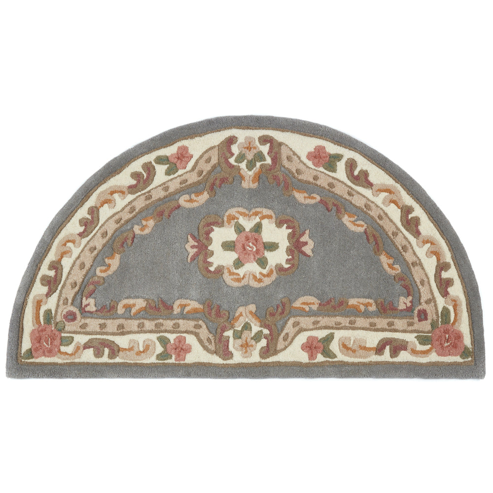 Shensi Aubusson Grey Rug made from 100% wool, featuring an ornate design. 