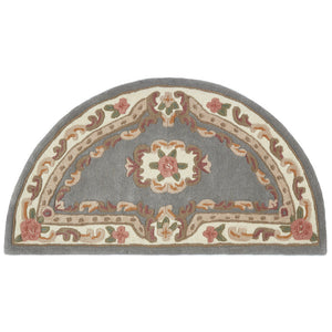 Shensi Aubusson Grey Rug made from 100% wool, featuring an ornate design. 